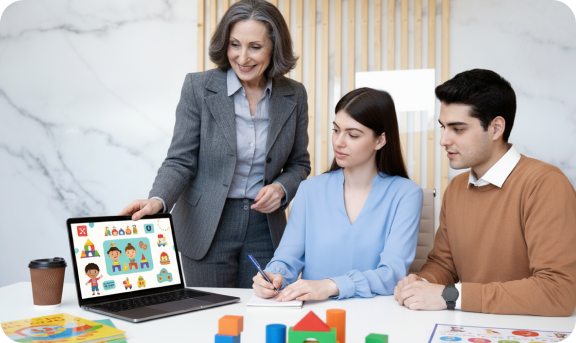 Childcare training team reviewing course content together