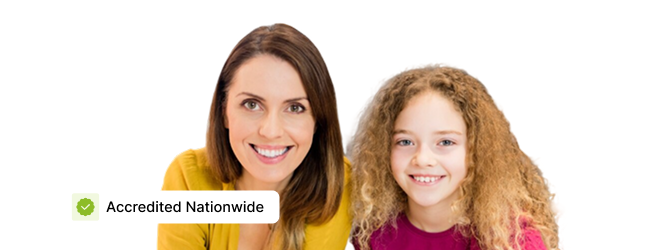 Smiling woman and child with a badge reading 'Accredited Nationwide' on the left, in front of a white curved background.