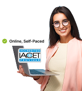 Smiling woman presenting online, self-paced learning; laptop screen shows an 'Online, Self-Paced' badge and ACCET provider logo.